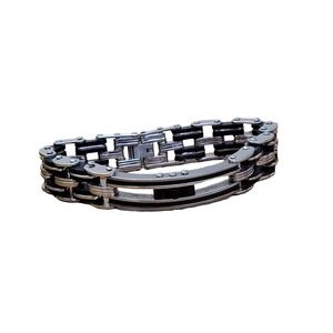 Men's Silver Stainless Steel Motorcycle Bike Chain Link Bracelet Black Accents
